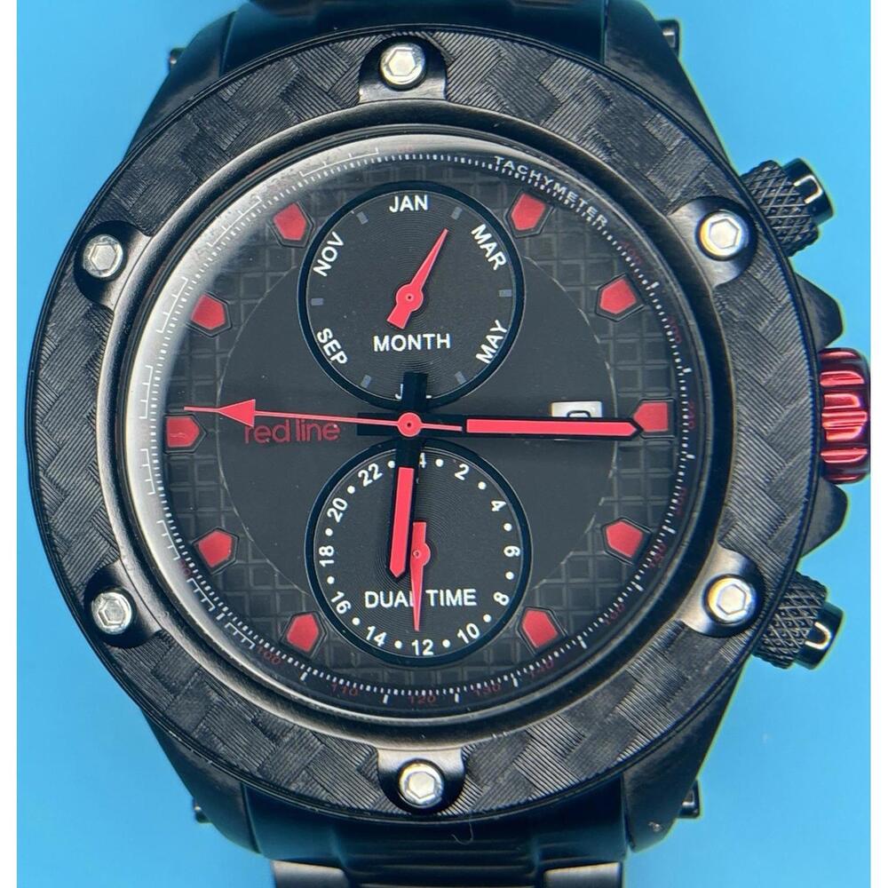 Red Line Watch Black Carbon Fiber Styled Bezel Red Dials Black Steel Band